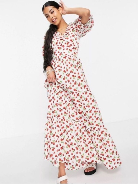 ASOS Dresses & Skirts - ASOS Puff Sleeve Strawberry Print Tiered Maxi Dress 12 Large